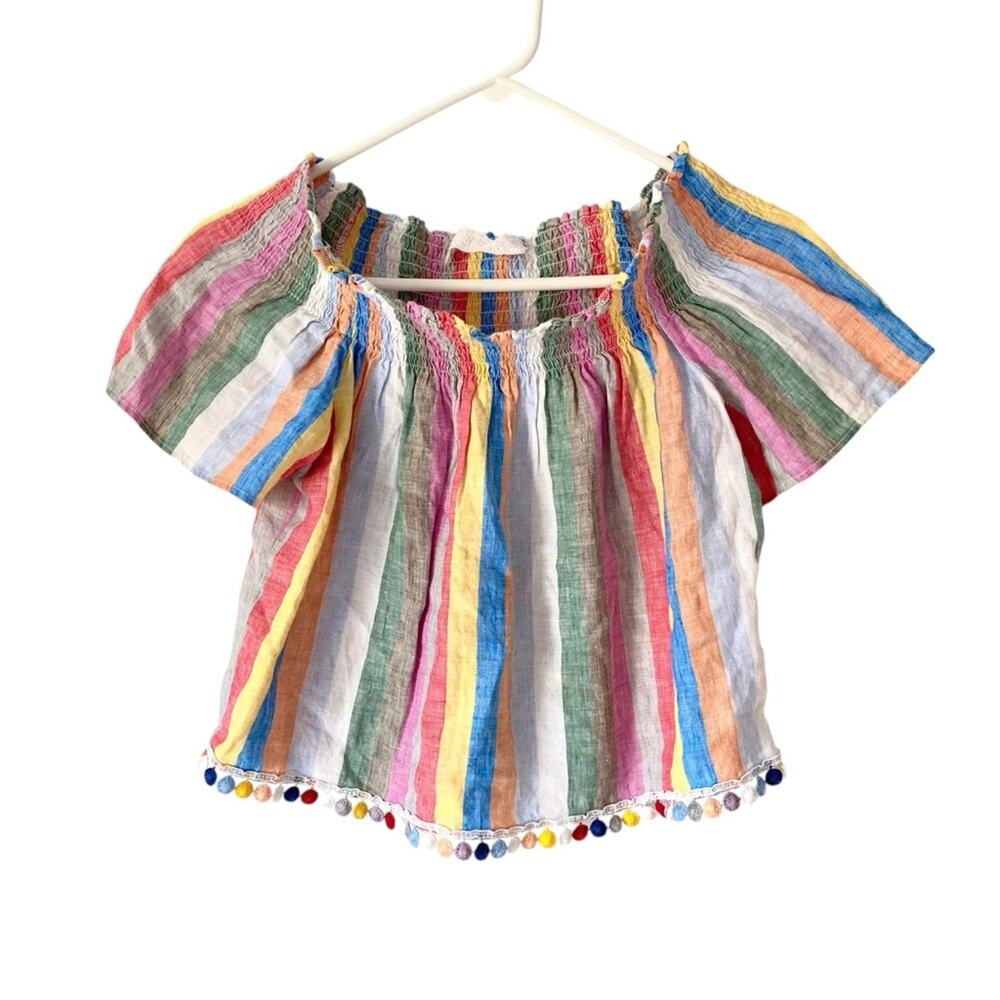Positano Couture Linen On Off Shoulder Stripe Crop Top size small made Italy